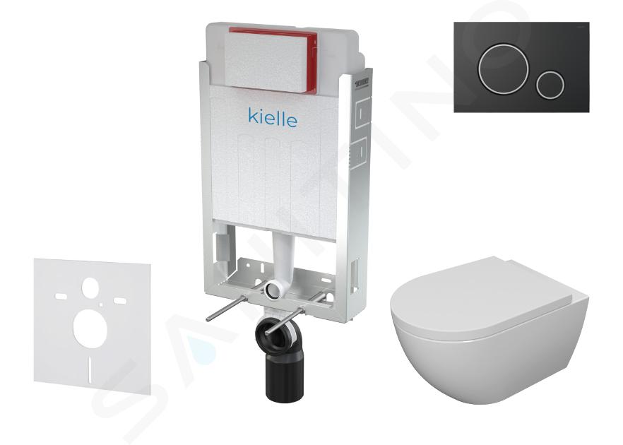 kielle Genesis - Set con modulo di installazione, vaso WC con copriwater softclose e placca di comando Gemini II, nero opaco / cromo 30505SZ18