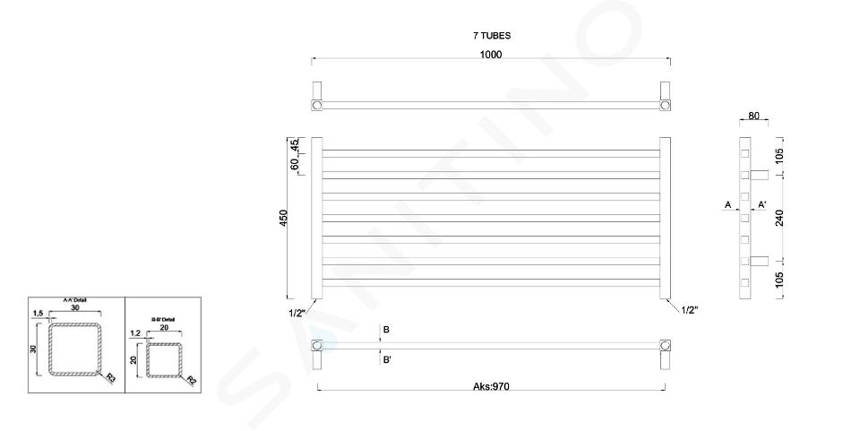 Sapho Metro - Scaldasalviette 1000x450 mm, 295 W, cromo 0411-10