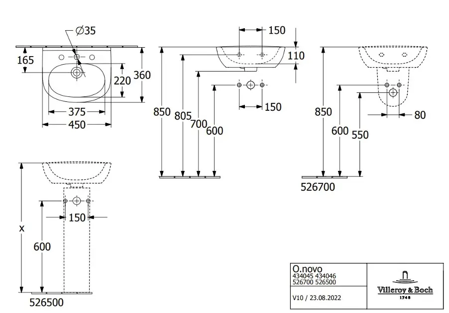 Villeroy & Boch Architectura - Lavabo 55x42 Cm, Con Rebosadero, Agujero Para Grifo, Blanco