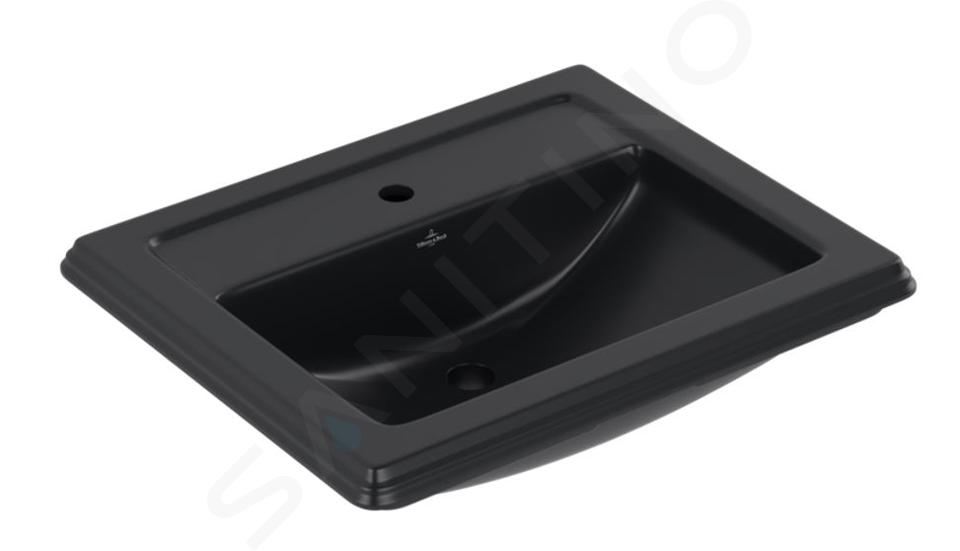 Villeroy & Boch Hommage - Lavabo 630x525 mm, avec trop-plein, trou de robinetterie, CeramicPlus, Pure Black 710263R7