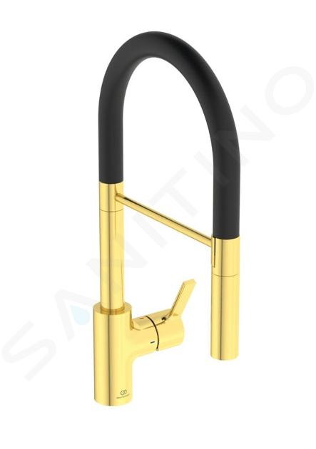 Ideal Standard Gusto - Spültischarmatur mit flexiblem Arm und Brause, Gold gebürstet/schwarz BD417A2