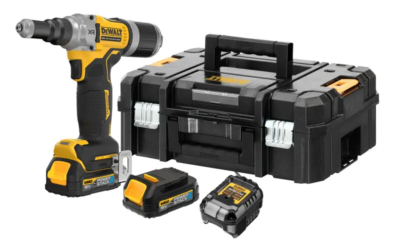 DeWALT Unelte - Pistol de nituire pe acumulator de 18V, 2x bat. 1,7 Ah POWERSTACK, încărcător DCF414E2GT