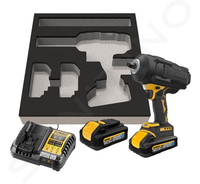 DeWALT Herramientas - Llave de impacto AKU 18V, 2x batería 5,0 Ah POWERSTACK, funda de goma, cargador DCF961H2G