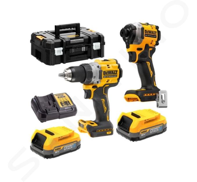 DeWALT Nářadí - 18V AKU sada vrtačky a rázového utahováku, 2x aku 1,7 Ah POWERSTACK, nabíječka DCK2051E2T