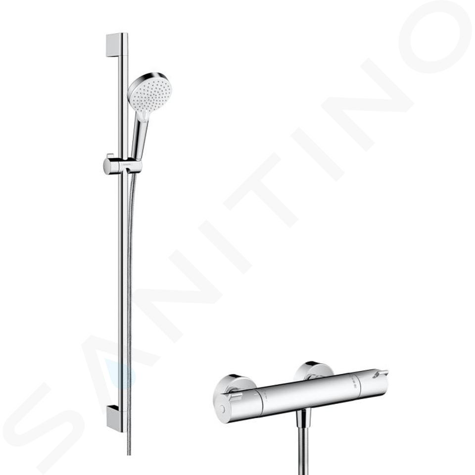 Hansgrohe Crometta - Set de douche Vario avec thermostat Ecostat 1001 CL, 2 jets, blanc/ chrome 27812400