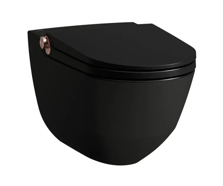 Laufen Cleanet Riva - Elektronický bidet s keramikou, závesný, Rimless, SoftClose, matná čierna/leštené ružové zlato H8206917190001