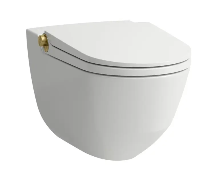 Laufen Cleanet Riva - Elektronický bidet s keramikou, závesný, Rimless, SoftClose, matná biela/leštené zlato H8206917620001