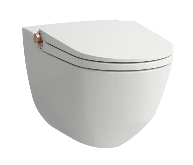Laufen Cleanet Riva - Elektronický bidet s keramikou, závesný, Rimless, SoftClose, matná biela/leštené ružové zlato H8206917640001