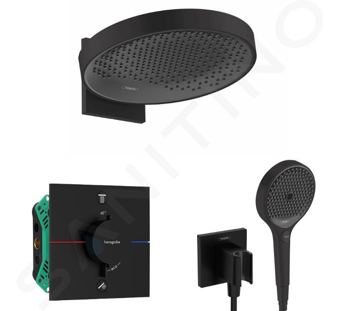 Hansgrohe - Set de douche avec thermostat encastré, corps d’encastrement, diamètre 36 cm, 3 jets, noir mat SANI21HHH411