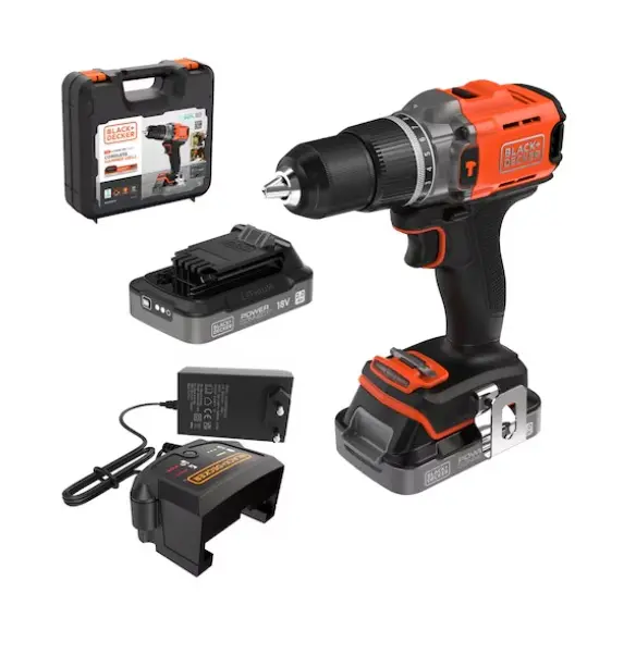 Levně BLACK+DECKER Nářadí - 18V AKU vrtačka s příklepem, 2x aku 2,0 Ah Li-Ion, nabíječka BCD383D2XK-QW