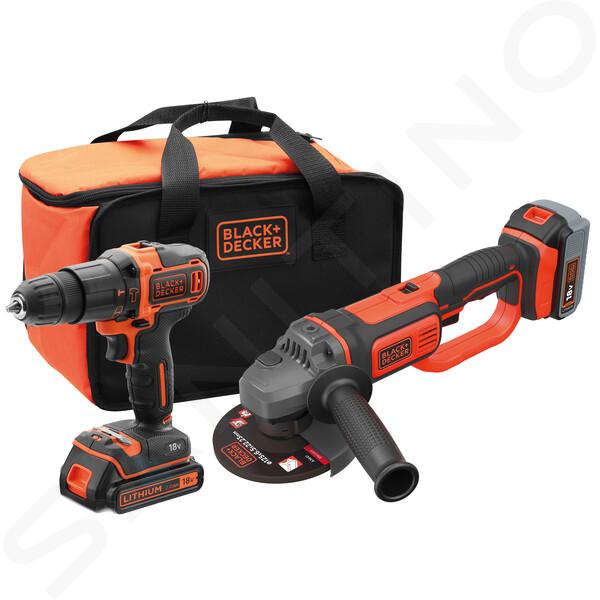 BLACK+DECKER Nářadí - 18V AKU sada vrtačky s příklepem a úhlové brusky, 1x aku 2,0 Ah a 1x aku 4,0 Ah Li-Ion, nabíječka BCK24D1M1S-QW