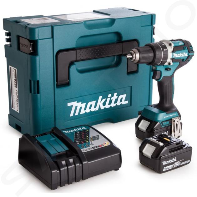 Makita Utensili - Trapano avvitatore a batteria 18V con percussione, 2x batteria da 5,0 Ah, caricabatterie DHP484RTJ