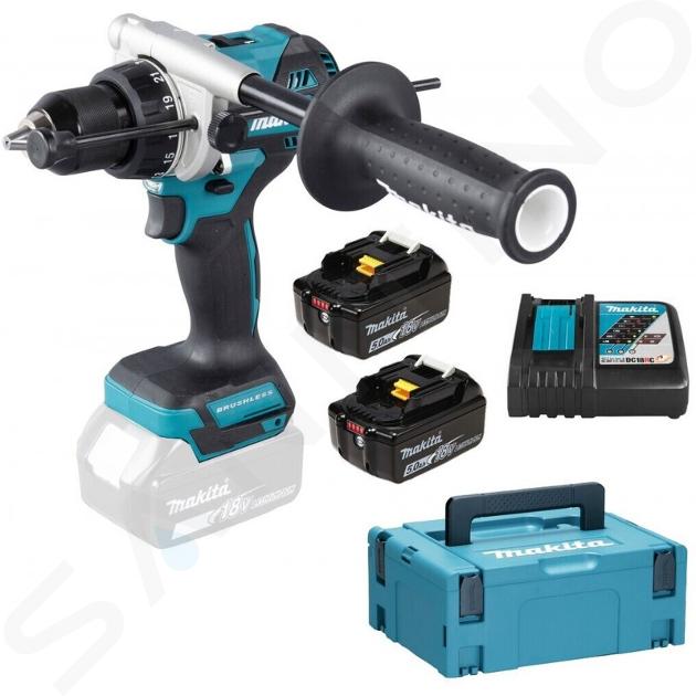 Makita Nářadí - 18V AKU vrtací šroubovák s příklepem, 2x aku 5,0 Ah LXT, nabíječka DHP486RTJ