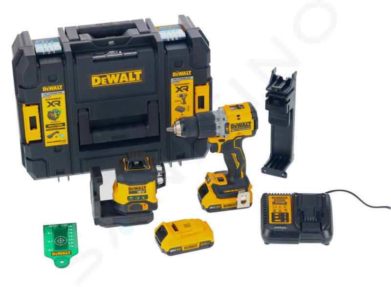 DeWALT Náradie - 18V AKU súprava príklepovej vŕtačky a krížového lasera, 2x aku 2,0 Ah XR, nabíjačka DCK2095D2T