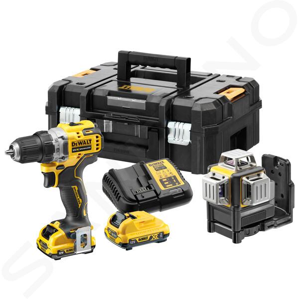 DeWALT Náradie - 18V AKU súprava vŕtačky a krížového lasera, 2x aku 2,0 Ah XR, nabíjačka DCK212D2T