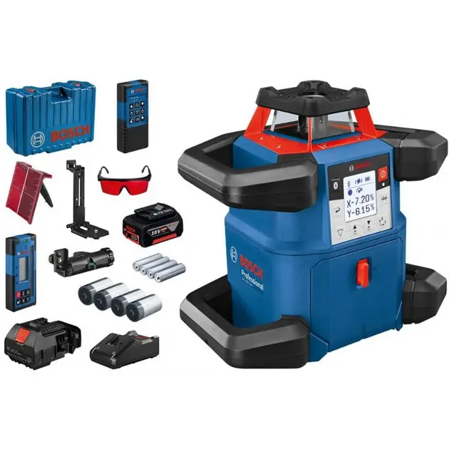 Bosch Accessoires - Laser rotatif sans fil 18V, portée 600 m, avec récepteur et accessoires, 1 batterie 4,0 Ah, chargeur 0601061F00