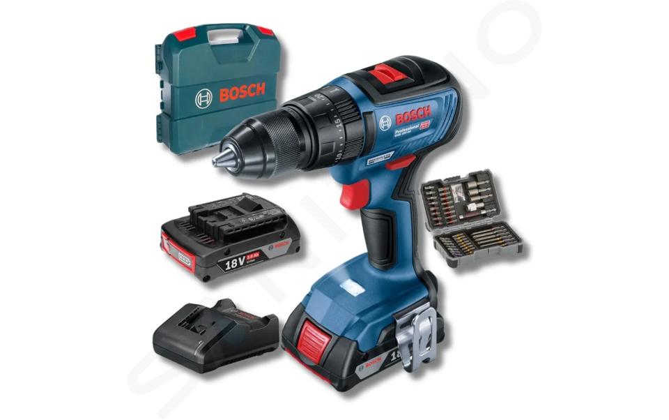Bosch Náradie - 18V AKU vŕtačka s príklepom, s príslušenstvom, 2x aku 2,0 Ah GBA, nabíjačka 0615990M8K