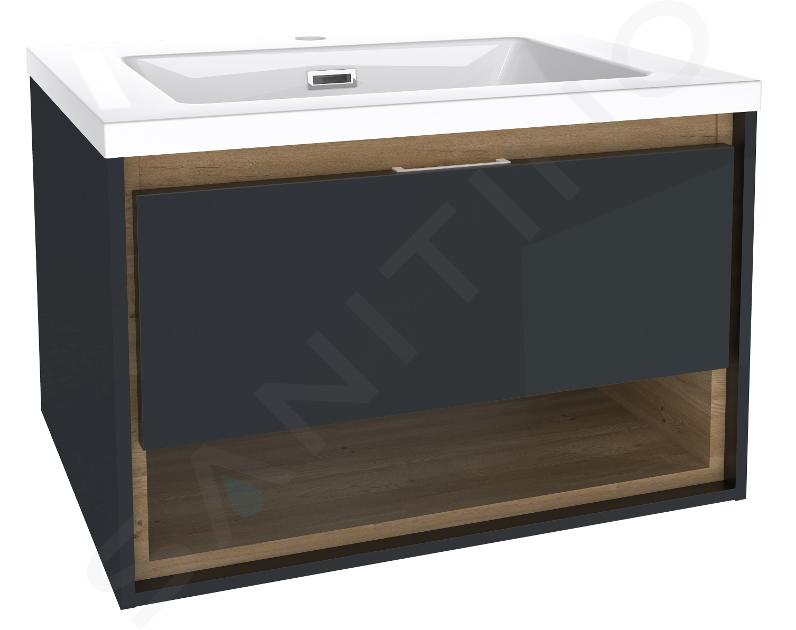 kielle Meara - Mobiletto con lavabo 60 cm, grigio scuro lucido/rovere scuro 50026S606