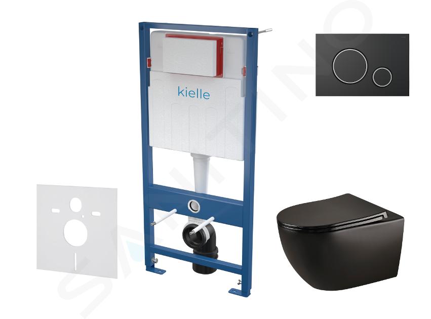 kielle Genesis - Set con modulo di installazione, vaso WC Gaia, copriwater softclose e placca di comando Gemini II, nero opaco/cromo 30505SS31