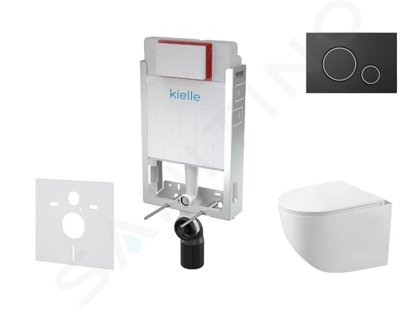 kielle Genesis - Set con modulo di installazione, vaso compatto WC Gaia, copriwater softclose e placca di comando Gemini II, nero opaco/cromo 30505SZ30