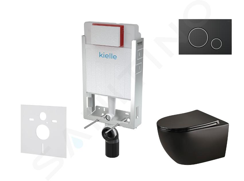 kielle Genesis - Set con modulo di installazione, vaso WC Gaia, copriwater softclose e placca di comando Gemini II, nero opaco/cromo 30505SZ31