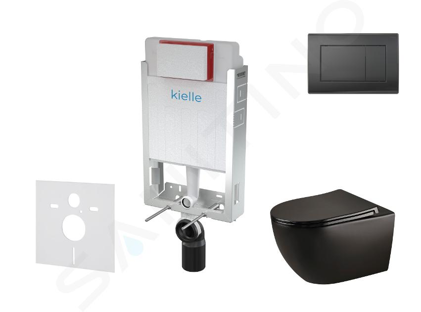 kielle Genesis - Set con modulo di installazione, vaso WC Gaia, copriwater softclose e placca di comando Gemini III, nero opaco 30505SZ33