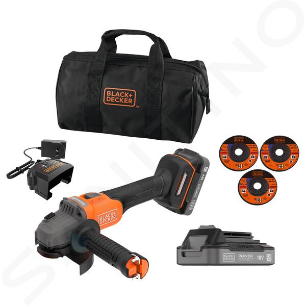 BLACK+DECKER Nářadí - 18V AKU úhlová bruska 115 mm s příslušenstvím, 2x aku 2,0 Ah Li-Ion, nabíječka BCG6L8D2S-QW