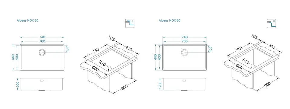 Alveus Nox - Chiuvetă 74x44 cm, oțel inoxidabil 1149927 | Sanitino.ro