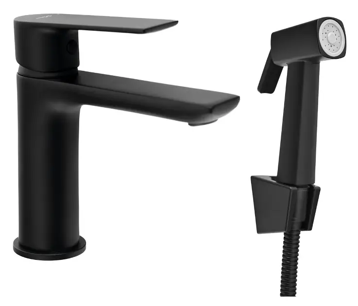 Aqualine - Mješalica za umivaonik s bide tušem, mat crna SK401B