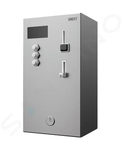 Sanela - Nástenný mincový automat pre 4-12 spŕch, priame ovládanie, antivandal, matná nerezová SLZA 02KM