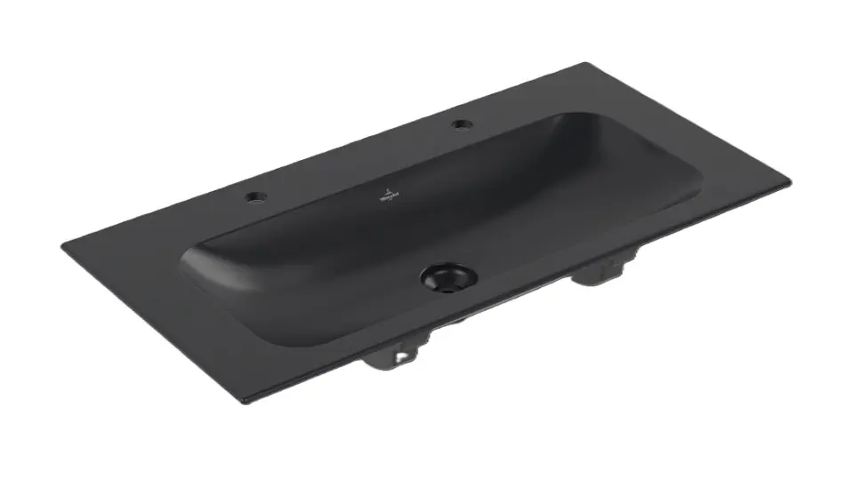 Villeroy & Boch Finion - Dvojumývadlo nábytkové 100x50 cm, bez prepadu, 2 otvory na batérie, CeramicPlus, Pure Black 4164A1R7