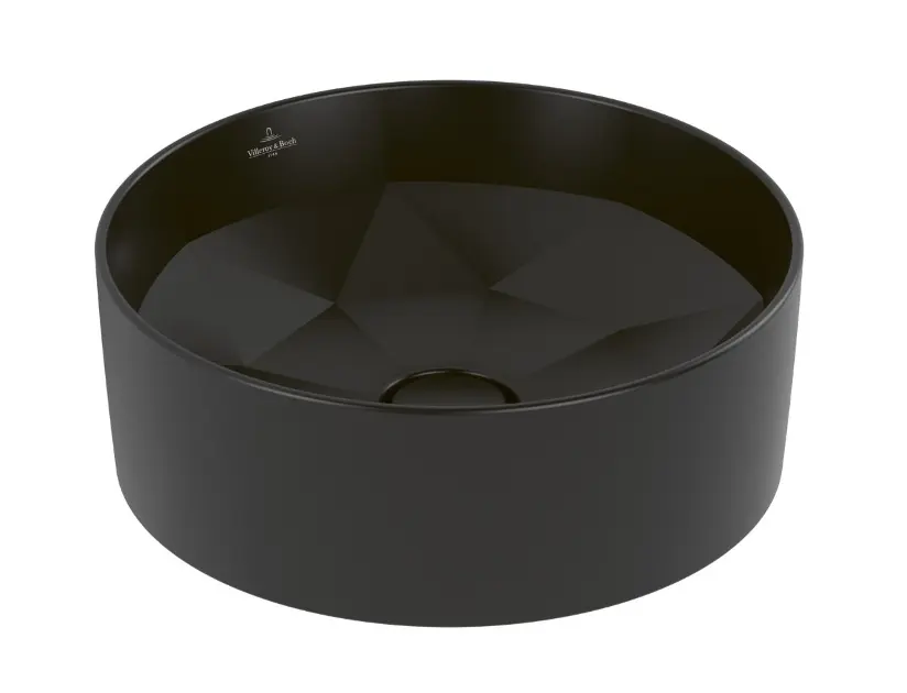 Levně Villeroy & Boch Octagon - Umyvadlo na desku, průměr 42 cm, bez přepadu, bez otvoru pro baterii, CeramicPlus, Pure Black 5A5640R7