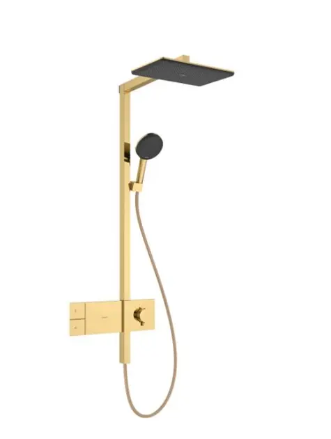 Levně Hansgrohe Raindance Alive Q - Sprchový set s termostatem, 21x34 cm, 3 proudy, leštěný vzhled zlata 24580990