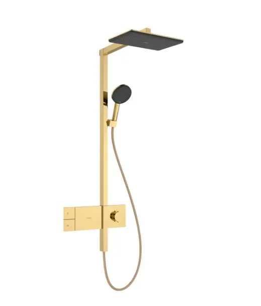 Hansgrohe Raindance Alive Q - Sprchový set s termostatem, 21x34 cm, 3 proudy, EcoSmart, leštěný vzhled zlata 24581990