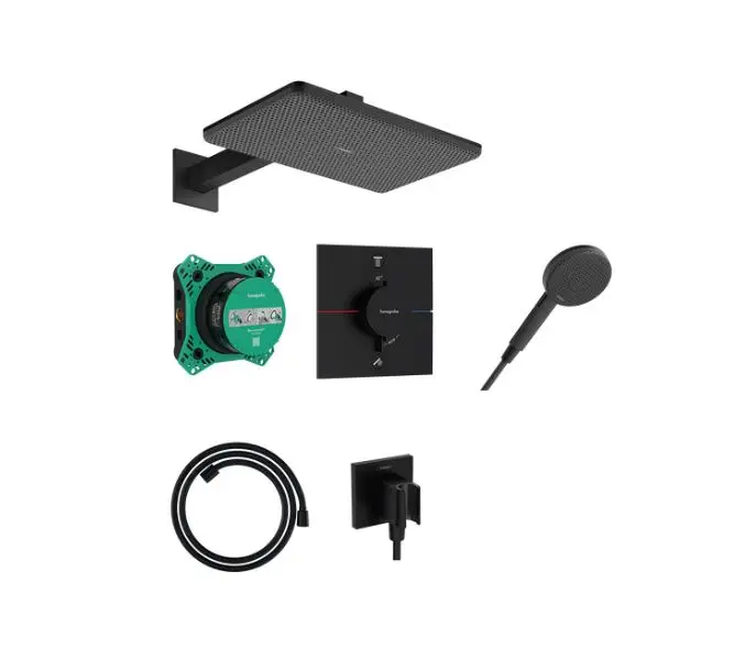 Hansgrohe Raindance Alive Q - Zestaw prysznicowy z termostatem, podtynkowy, z korpusem, 21x34 cm, 3 strumienie, czarny mat 24620670
