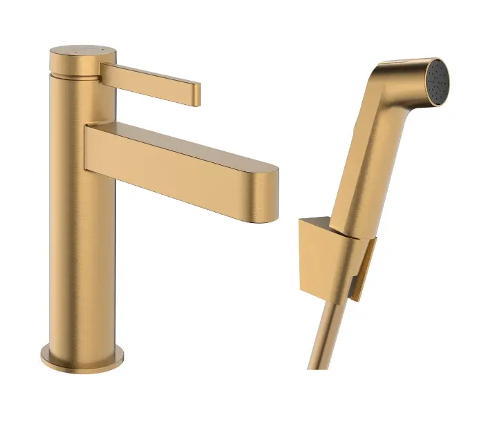 Hansgrohe Finoris - Waschtischmischer mit Push-Open-Ablaufgarnitur und Bidetbrause, EcoSmart, gebürstete Bronze 76210140