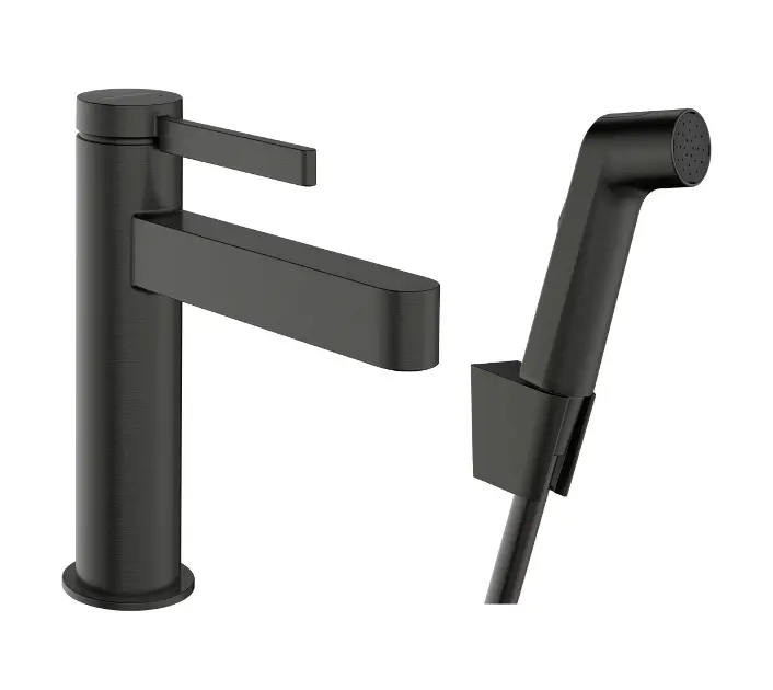 Hansgrohe Finoris - Waschtischmischer mit Push-Open-Ablaufgarnitur und Bidetbrause, EcoSmart, gebürstetes Schwarzchrom 76210340