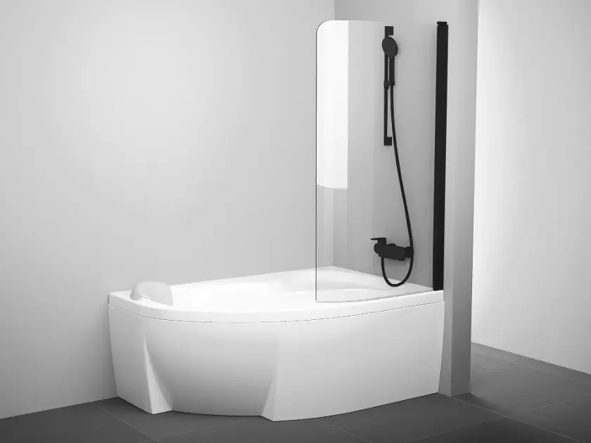 Ravak Rosa - Badewannenabtrennung CVSK1-140/150 P, 85 x 150 cm, schwarz/klares Glas 7QRM0300Y1