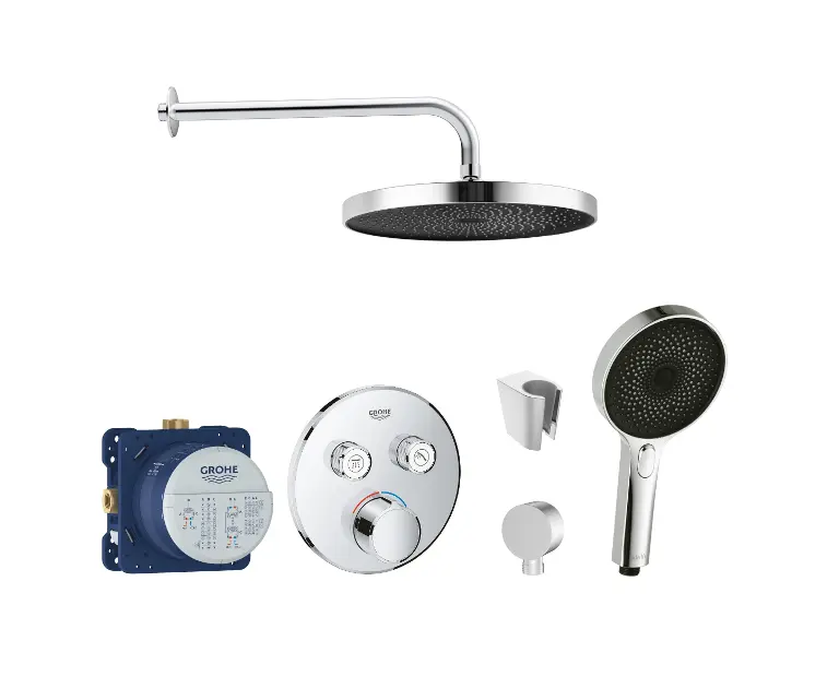SANITINO - Set de douche avec mitigeur et corps d'encastrement Grohe, accessoires kielle, chrome SANI21GKK008