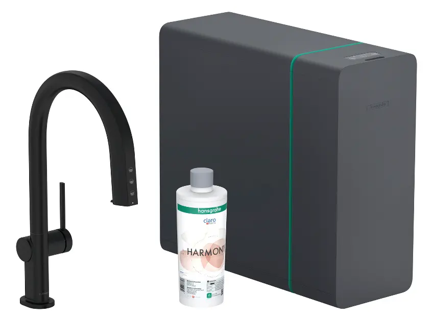 Levně Hansgrohe Aqittura M91 - Dřezová baterie s výsuvnou koncovkou, SodaSystem, sBox lite, matná černá 76838670