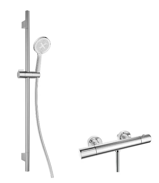 kielle Oudee - Set de douche avec mitigeur thermostatique, barre, flexible et pommeau de douche, chrome 20602SNT40