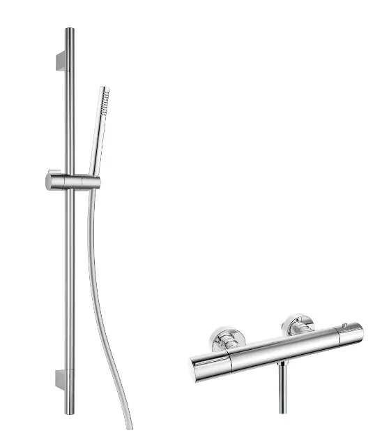 kielle Oudee - Set de douche avec mitigeur thermostatique, barre, flexible et pommeau de douche, chrome 20602SNT50