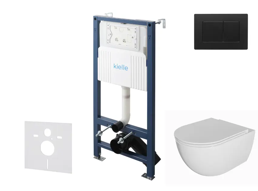 kielle Genesis New - Voorwandinbouwset, Oudee toilet, Rimless, softclose zitting en Gemini New III knoppen, matzwart 30528SS09