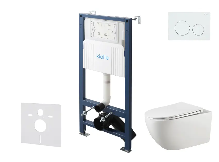 kielle Genesis New - Voorwandinbouwset, Gaia toilet, Rimless, softclose zitting en Gemini New I knoppen, glanzend wit 30528SS10