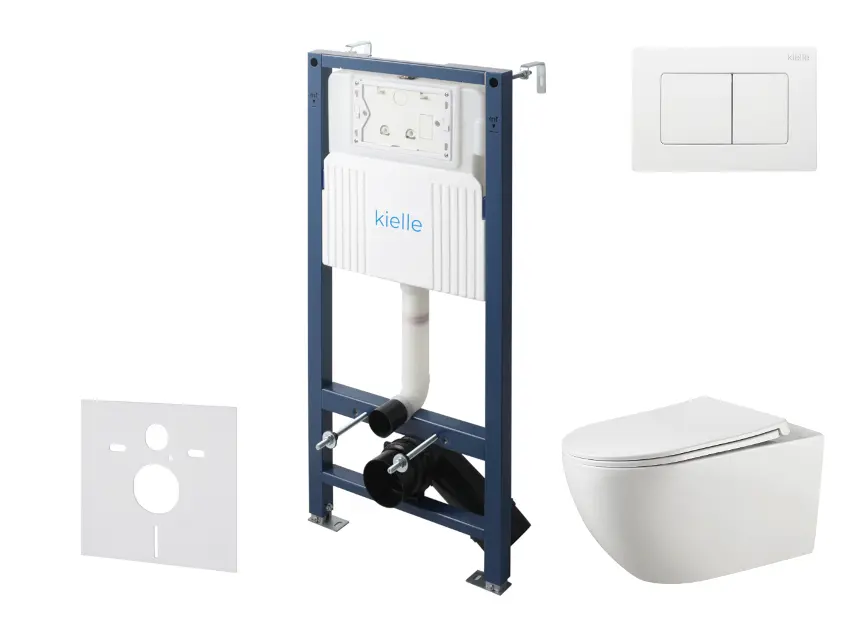kielle Genesis New - Set predstenovej inštalácie, klozetu Gaia, Rimless, dosky softclose a tlačidla Gemini New III, lesklá biela 30528SS16