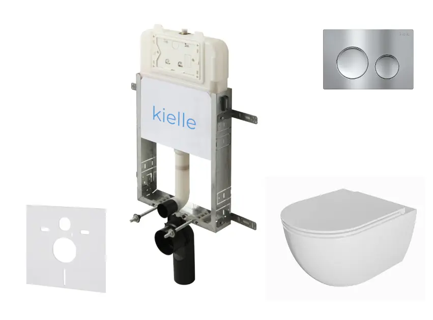 kielle Genesis New - Комплект структура за вграждане, тоалетна чиния Oudee, Rimless, SoftClose седалка и бутон Gemini New I, лъскав хром 30528SZ02