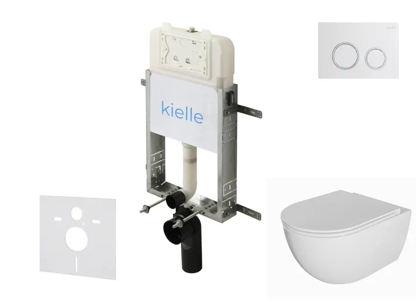 kielle Genesis New - Set predstenovej inštalácie, klozetu Oudee, Rimless, dosky softclose a tlačidla Gemini New II, lesklá biela/chróm 30528SZ04