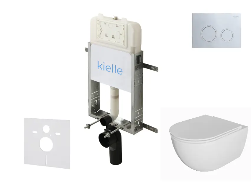 kielle Genesis New - Set predstenovej inštalácie, klozetu Oudee, Rimless, dosky softclose a tlačidla Gemini New II, lesklý chróm 30528SZ05