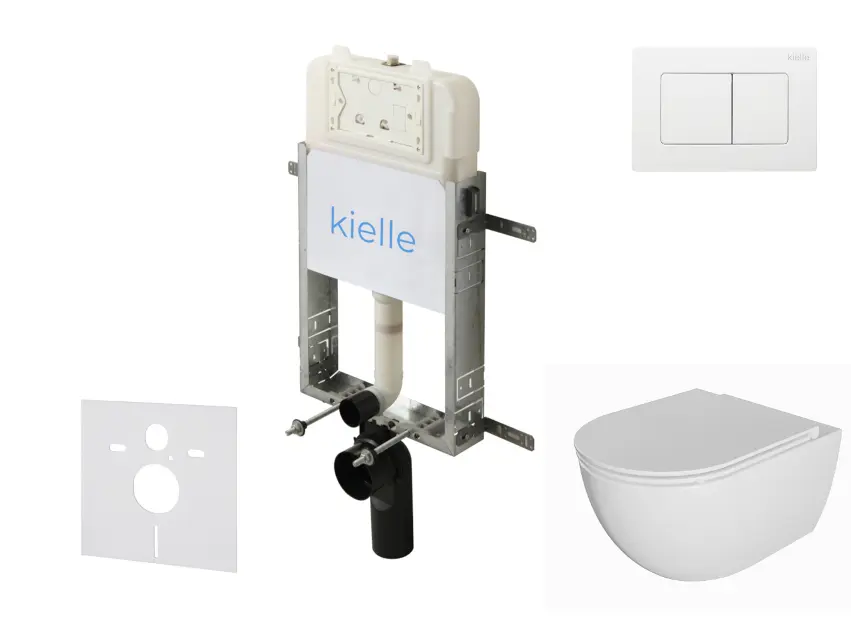 kielle Genesis New - Set predstenovej inštalácie, klozetu Oudee, Rimless, dosky softclose a tlačidla Gemini New III, lesklá biela 30528SZ07