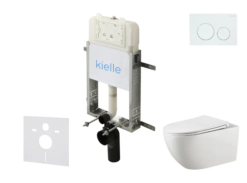 kielle Genesis New - Set predstenovej inštalácie, klozetu Gaia, Rimless, dosky softclose a tlačidla Gemini New I, lesklá biela 30528SZ10